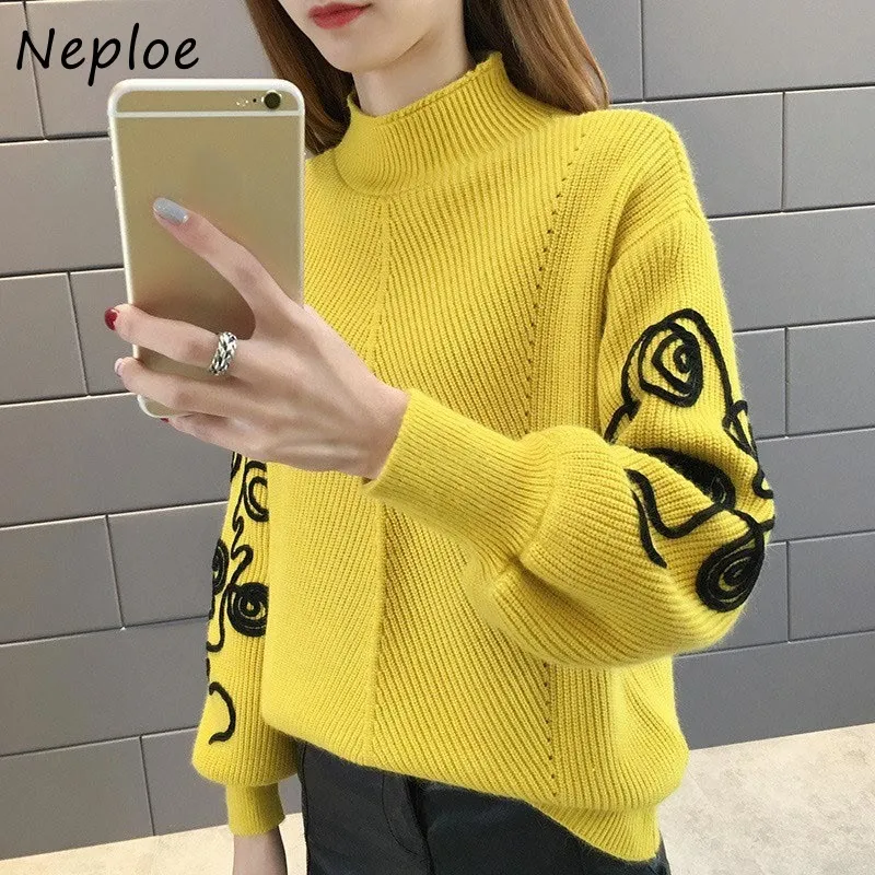Neploe Elegant Chic Embroidery Pattern Lantern Sleeve Tops Autumn Winter Knitted Women Sweater Casual Turtleneck Pullover 210423