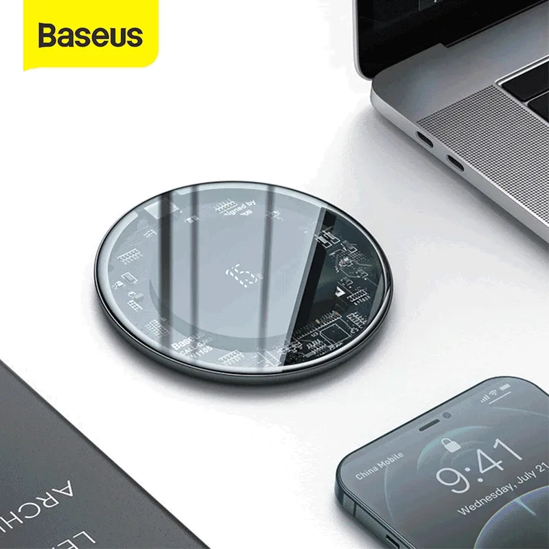 Basus indução Charger Sem Fio Qi Sem Fio para iPhone 12 Charge Pad Visível Elemento Cordless Chargless POD Compatível Samsung S9 S10 + Nota 9 10