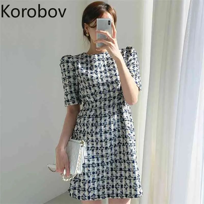 Korobov Kore Chic Ekose Vintage OL Elbise O Boyun Puf Kısa Kollu A-line Kadın Elbiseler Zarif Yüksek Bel Vestidos Robe Femme 210430