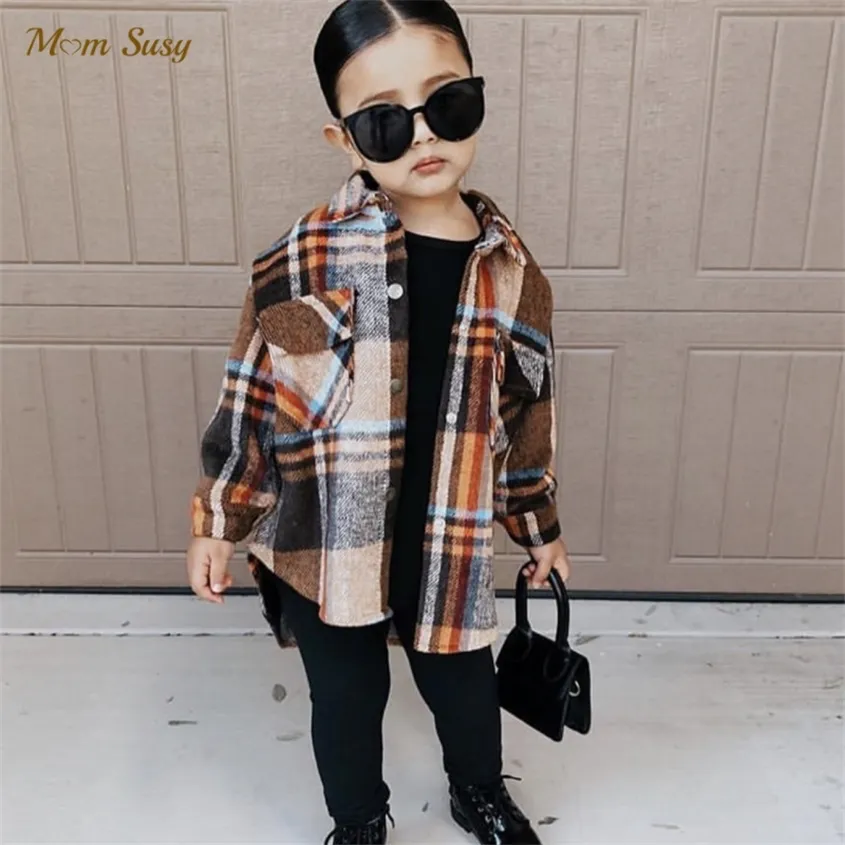 Fashion Baby Girl Plaid Shirt Jacket Cotton Warm Child Thick Loose Outfit Oversized Winter Spring Fall Clothes 3-14Y 220222