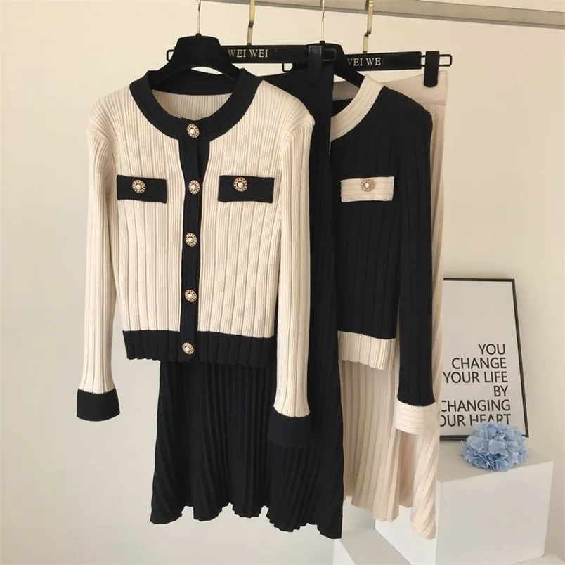 High Quality Spring Fall Knit 2 Piece Set Women Office Lady Single Breasted Sweater Cardigan + Pleated Long Skirt Suit Sets 210514