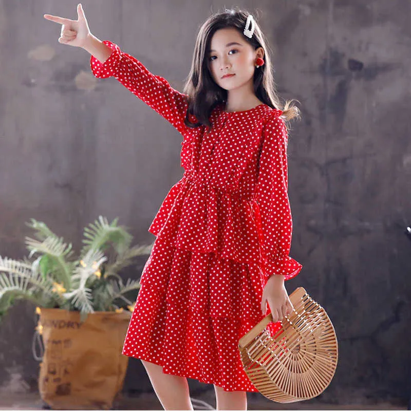 2021 Teenager Girls spring summer Tiered Princess Dress Polka Dot Layered Long Sleeve Clothes Kids 3 4 5 6 7 8 9 10 11 12 Year Q0716