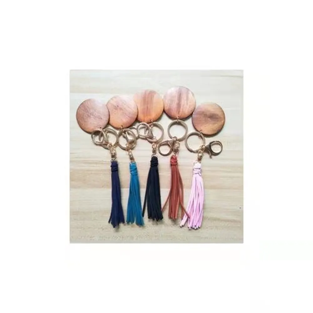 Gränsöverskridande Personlig Trä Keychain Kan skrivas ut Rund Koreansk Velvet Tassel Pendant Key Ring Multi-Color Valfritt