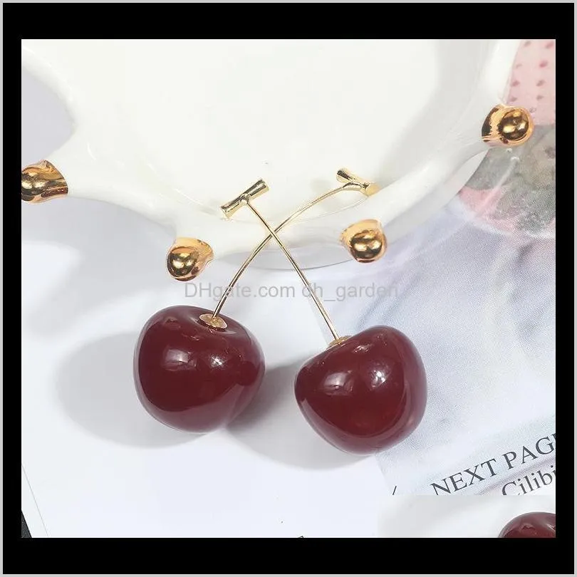 new fashion red cherry gold drop earring sweet fruit long crystal earrings for women lady gift jewelry tassel dangle accessories