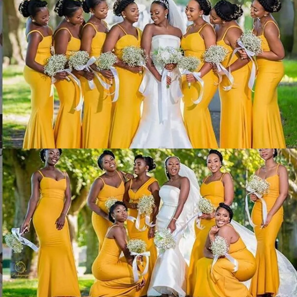 2021 Africain Jaune Demoiselles D'honneur Robes Bretelles Spaghetti Sirène Élastique Satin Formelle Plus La Taille Longue Demoiselle D'honneur De Mariage Invité Robes Sans Manches Dos Ouvert