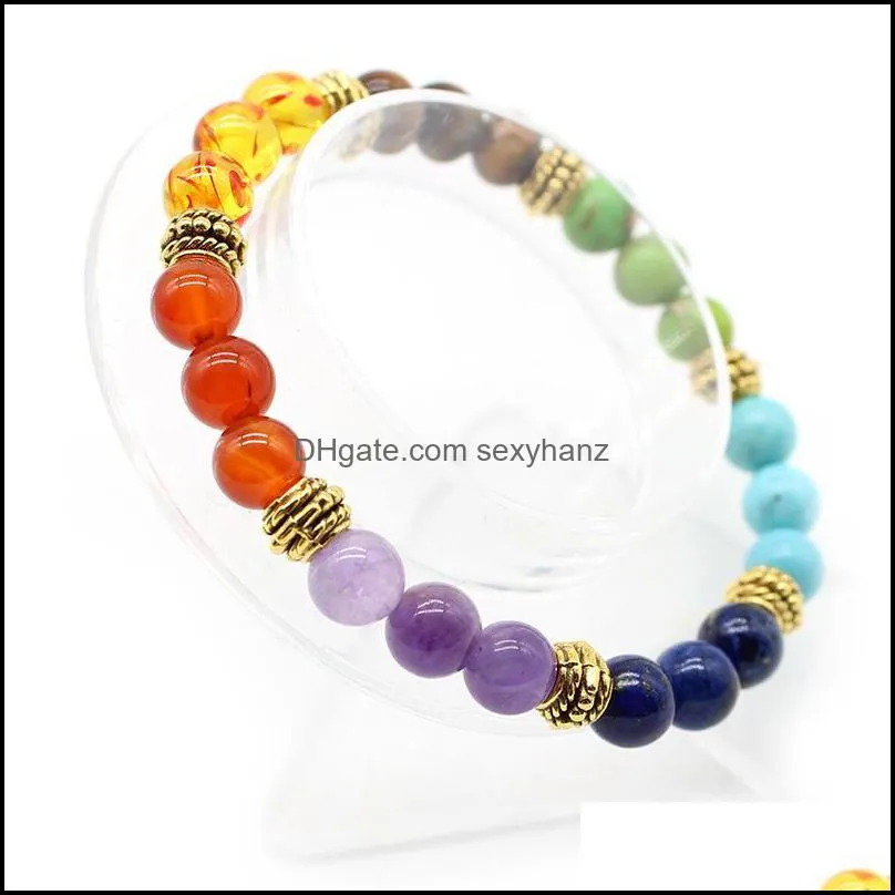 Natural Stone 7 Chakra Bracelets Mixed Colors 8mm Bead For Women Men Mala Healing Reiki Charm Balance Bracelet Jewelry Beaded, Strands