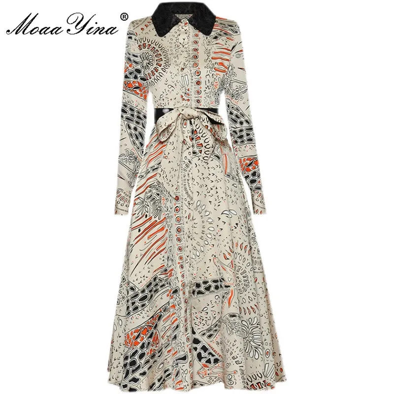 Fashion Runway Summer Vintage Party Dress Donna Colletto rovesciato Manica lunga Stampa monopetto Vita alta Midi Dres 210524