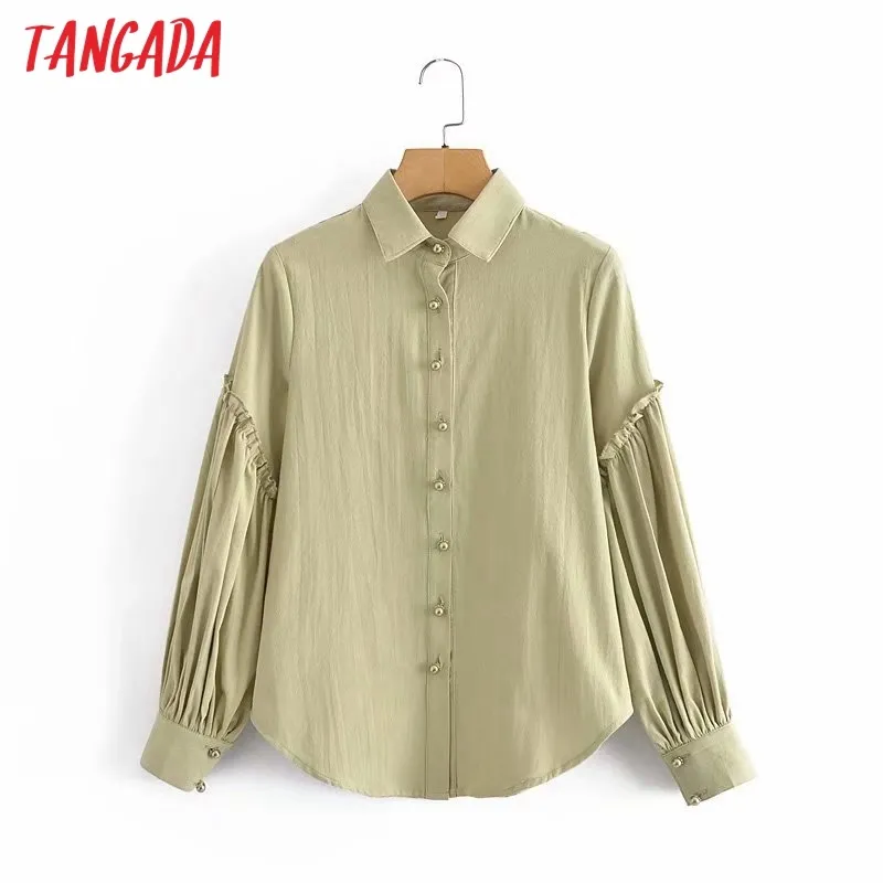 Women Retro Pearl Buttons Romantic Blouse Puff Long Sleeve Chic Female Shirt Tops 5D07 210416