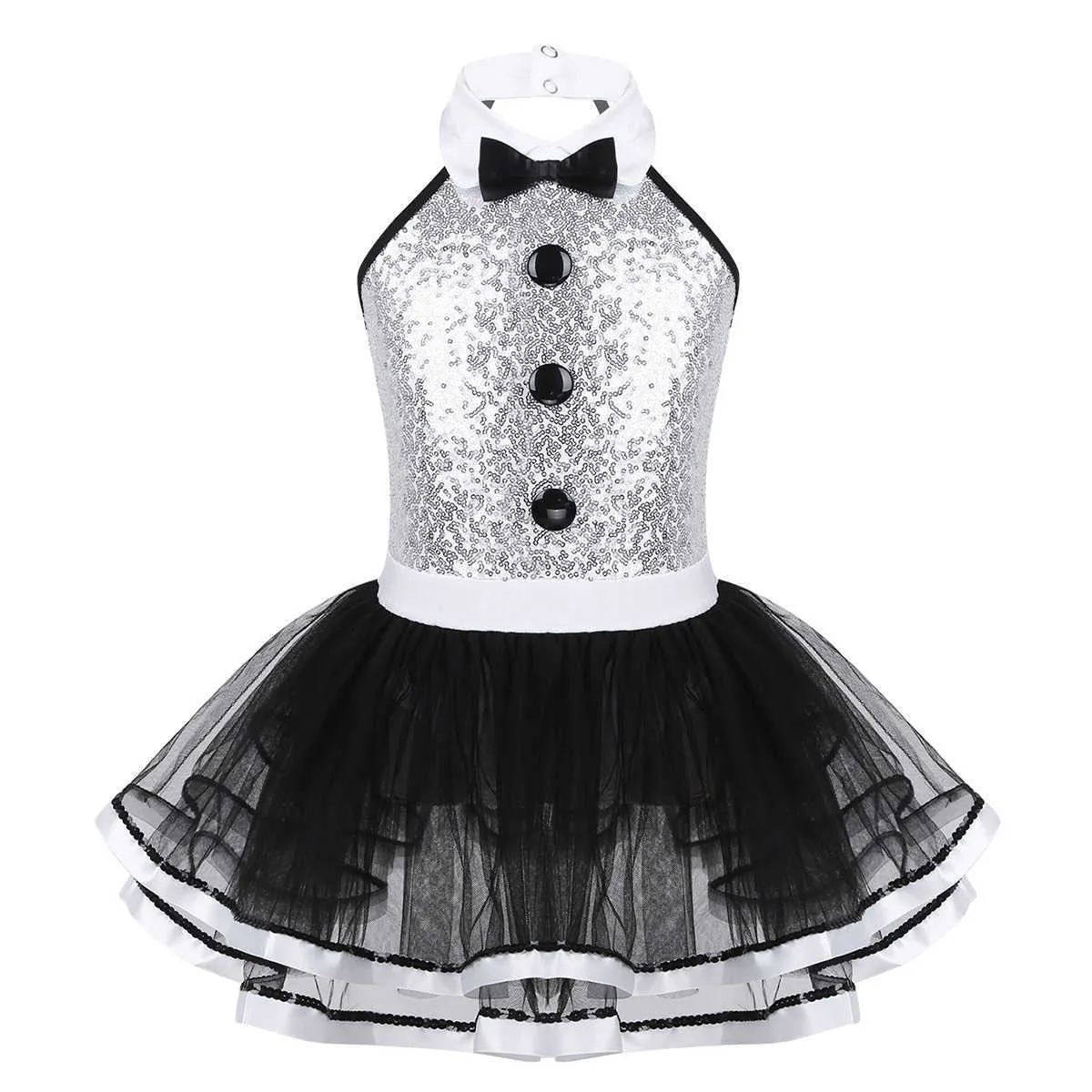 Dzieci Dziewczyny Balet Dane Dresses Dancewear Bez Rękawów Błyszczący Cekiny Gimnastyka Leotard Mesh Tutu Dress Modern Dance Costume Q0716