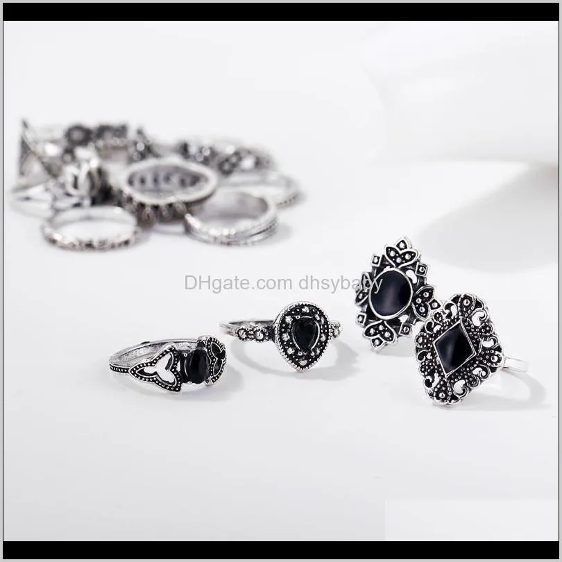 women bohemian rings ethnic style retro hollow lotus ring black gem joint ring fashion jewelry 15 piece / set