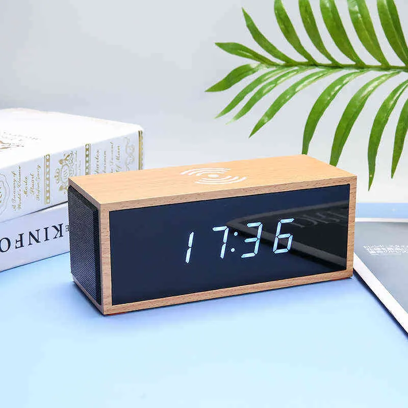 FLING Horloge électronique en bois Haut-parleur Bluetooth Charge sans fil 3 en 1 Réveil de bureau Haut-parleur Hi-Fi Table Calendrier Decro 211112
