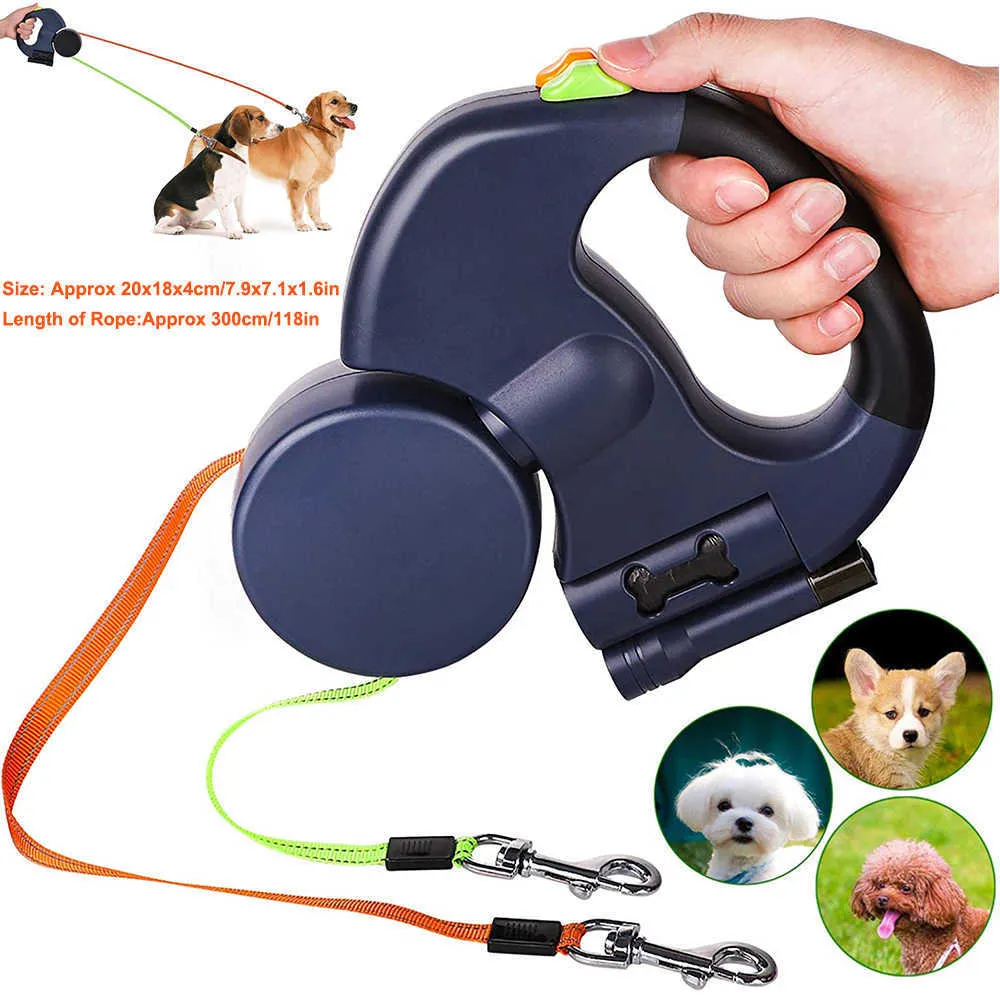 Hundkoppar Automatisk utdragbar flexibel kattdragning Rope Pet Double-Headed Leash Dual Headed Hand Holding With LED Light D30 210712