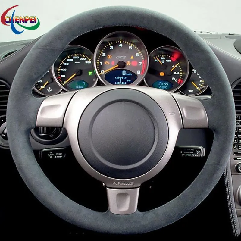 Cubiertas del volante DIY cosido a mano antideslizante cubierta de coche de gamuza negra para 997 Turbo 911 2006 decoración Interior
