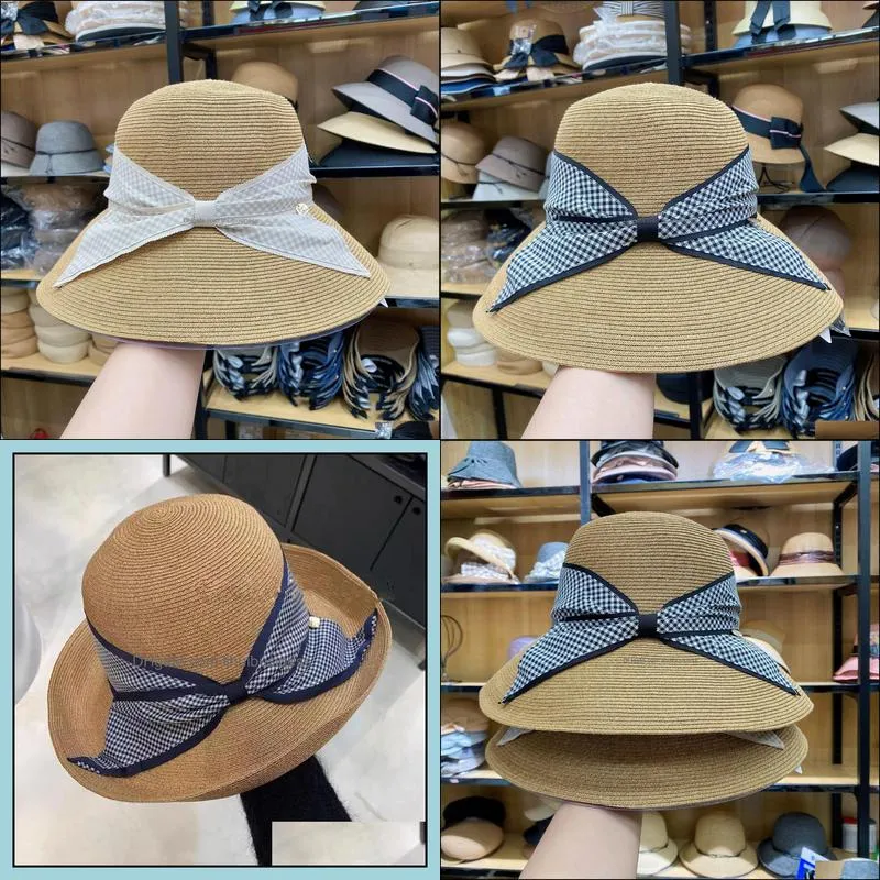 202103-xiaoli new summer plaid bowknot japan style big brim beach holiday paper straw lady sun cap women leisure hat Y0910