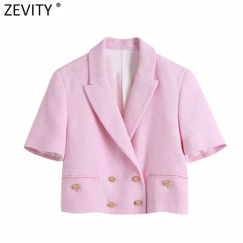 Zevity Women Sweet Double Breated Notched襟ピンクツイードウールショートブレザーコートヴィンテージ女性アウターシックトップスCT681 211019