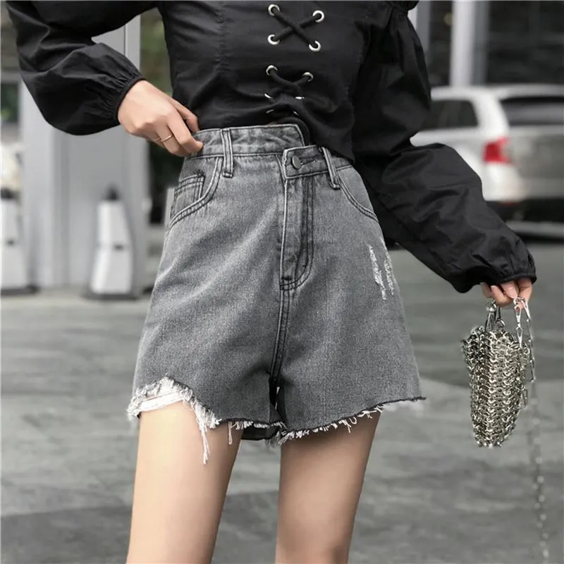 Damen Shorts Spezielle Taille Denim Frauen Streetwear Junge Löcher Taschen Grau Sommer Hohe Korean Slim Chic Kurze Jeans Blau