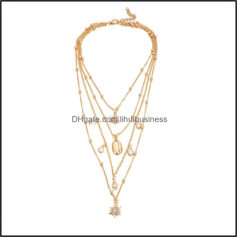 docona Simple Gold Shell Sun Flower Multilayer Necklace for Women Crystal Chain Long Pendant Necklace Collares Jewelry C15109 Y0301