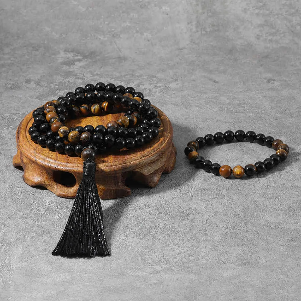 8mm Yellow Tigers Eye Black Onyx Japamala Set Protective Meditation Namaste Yoga Jewelry Buddhist Prayer Bead 108 Beads Neckalce