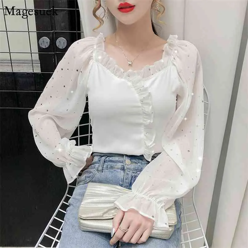 Outono Lanterna Vintage Manga Longa Top V-pescoço Slim Chiffon Branco Blusa Ruffles Lantejoulas Mulheres Camisas Blusas de Mujer 11419 210512