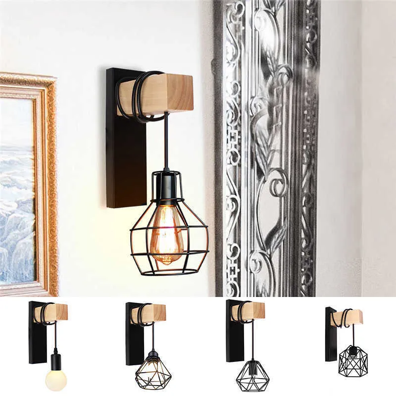 Modern trä arm vägglampa sconce järn bur retro vägg ljus inomhus belysning fixture för sovrum kök bar cafe butik heminredning 210724