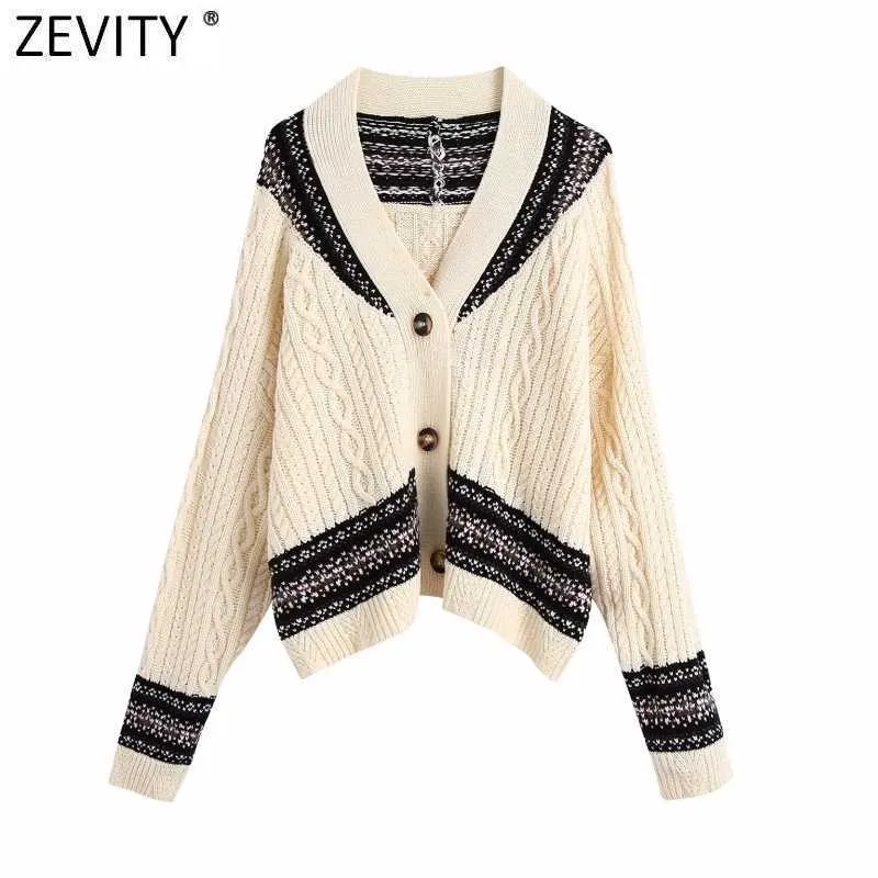 Zevity Women Vintage Contrast Colour Patchwork Jacquard Maglione lavorato a maglia Donna Chic manica lunga Cardigan petto Top S567 210603