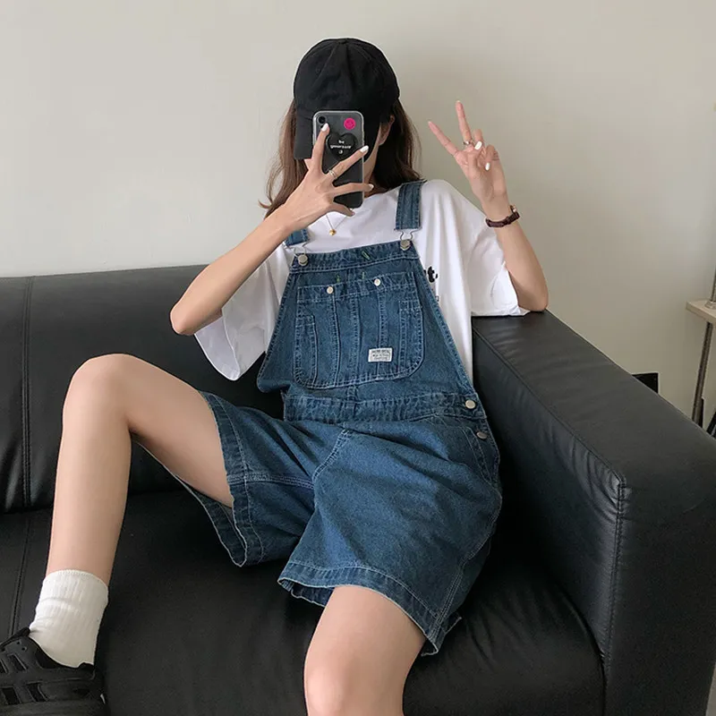 SML Sommar Koreansk Preppy Style Jumpsuit Denim Overaller Casual Girls Blue Jeans Shorts Womens (78500) 210423