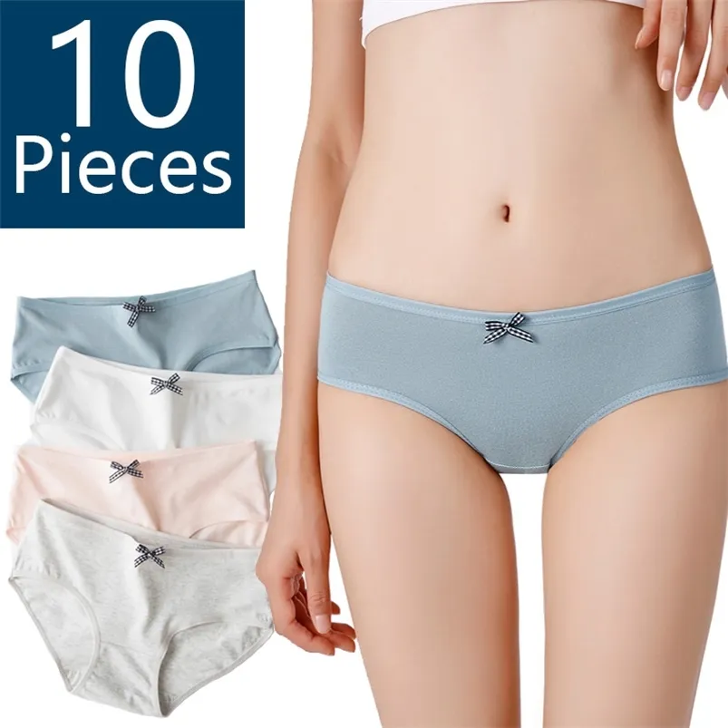 10 stks / partij vrouwen onderbroek zachte katoenen slipje meisjes effen kleur slips boog panty sexy lingerie vrouwelijke ondergoed m-xxl panty 210730