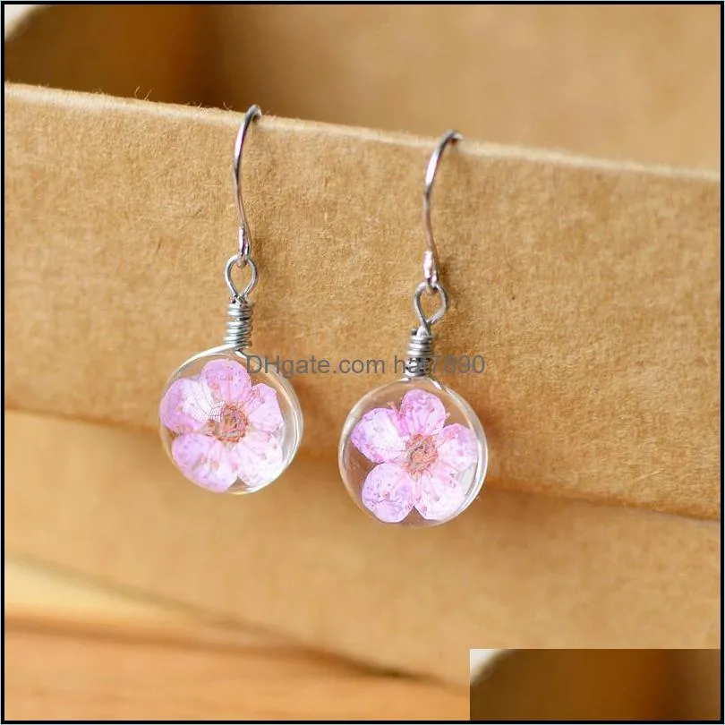 Dandelion Dried Flowers Charm Earring 6 Colors Real Daffodils Flower Earrings Glass Ball Pressed Dangle Earing Jewelry Gift Wholesale