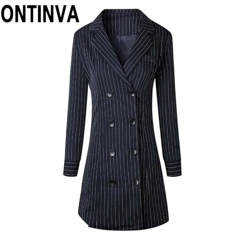 Dark Blue Color White Stripe Long Blazer Women's Office Ladies Sleeve Mini Length Dress Double-breasted Button 210527