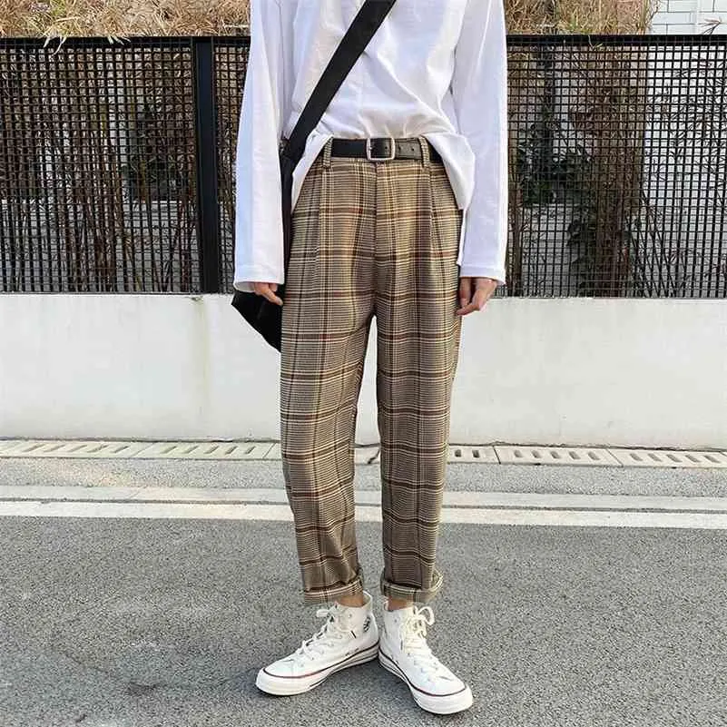 Koreanska män plaid byxor vintage ankel längd raka byxor sommar tunna streetwear mode lösa khaki rutiga bottnar 210714