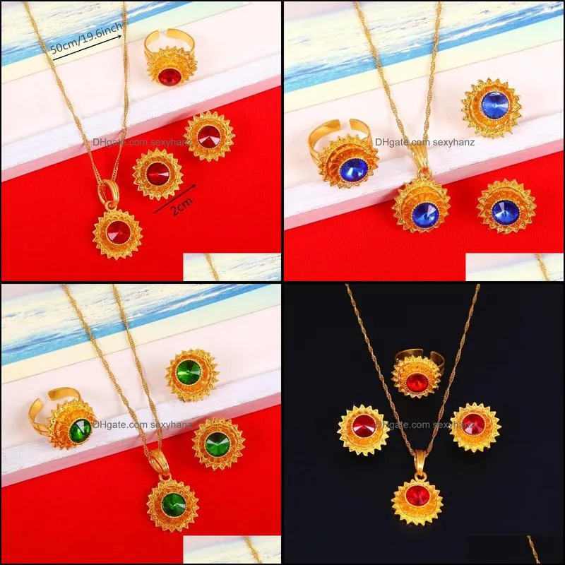 Earrings & Necklace Red Blue Green Stone Ethiopian Gold Color Jewelry Sets Pendant Ring Traditional African Women Gift