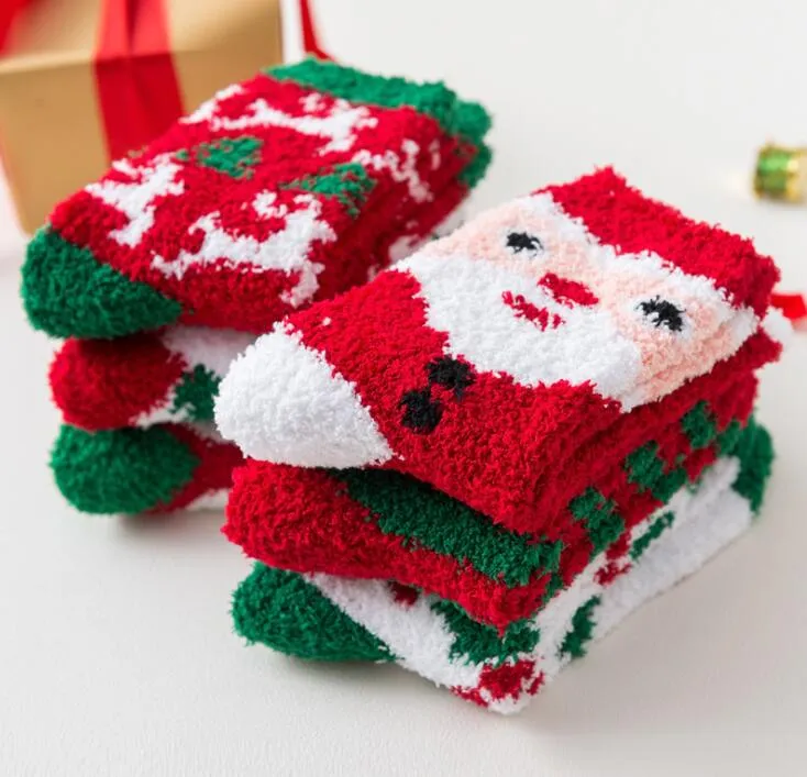 Hiver femmes chaussettes éponge mignon wapiti père noël noël chaud bas épaissir corail polaire filles chaussette mode rayé épais serviette tuyau