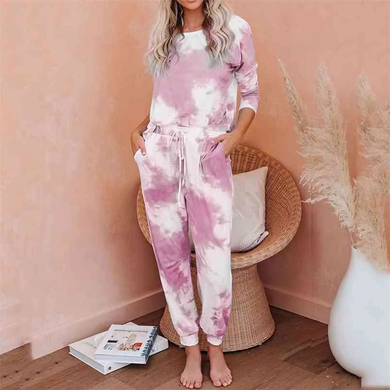 Höst Vinter Loungewear Kvinnor Pajama Set Tie-Dye Home Wear Homewear Långärmad SleepWear 210830