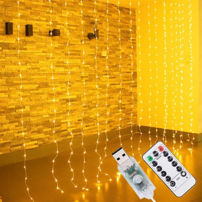 Strings LED Gordijn String Lights Fairy Garland Remote Control 3M USB 7 Flash -modi voor jaar Kerstmis Outdoor Wedding Home Decor