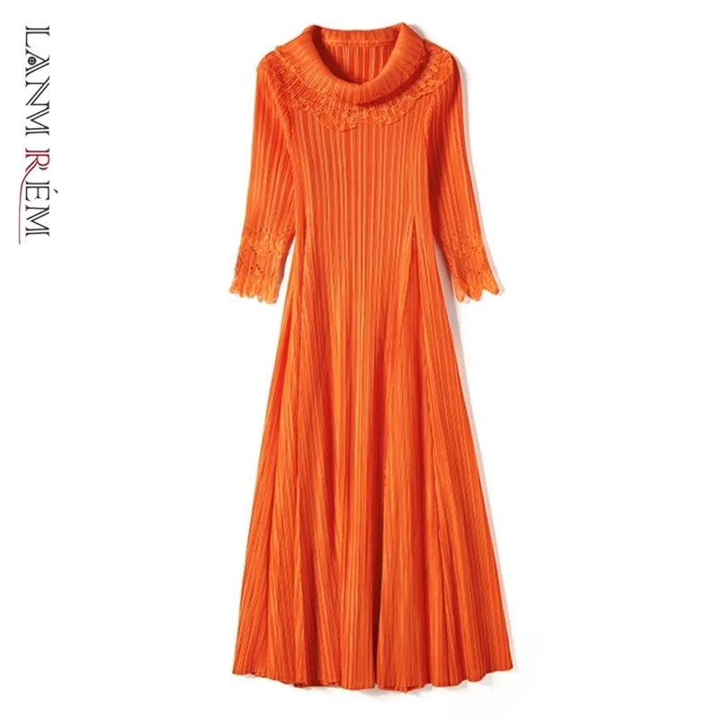 Spets patchwork klänning för kvinnor sommar stor storlek A-line medium längd klänningar pläterad fast färg 2d3934 210526
