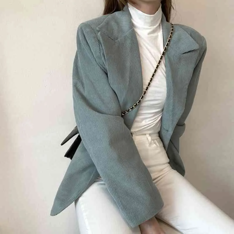 Lucyever Fall Women's Blazers Corduroy Notched Long Blazer Woman Korean Chic Style Green Full Sleeve Clothes Female 210521