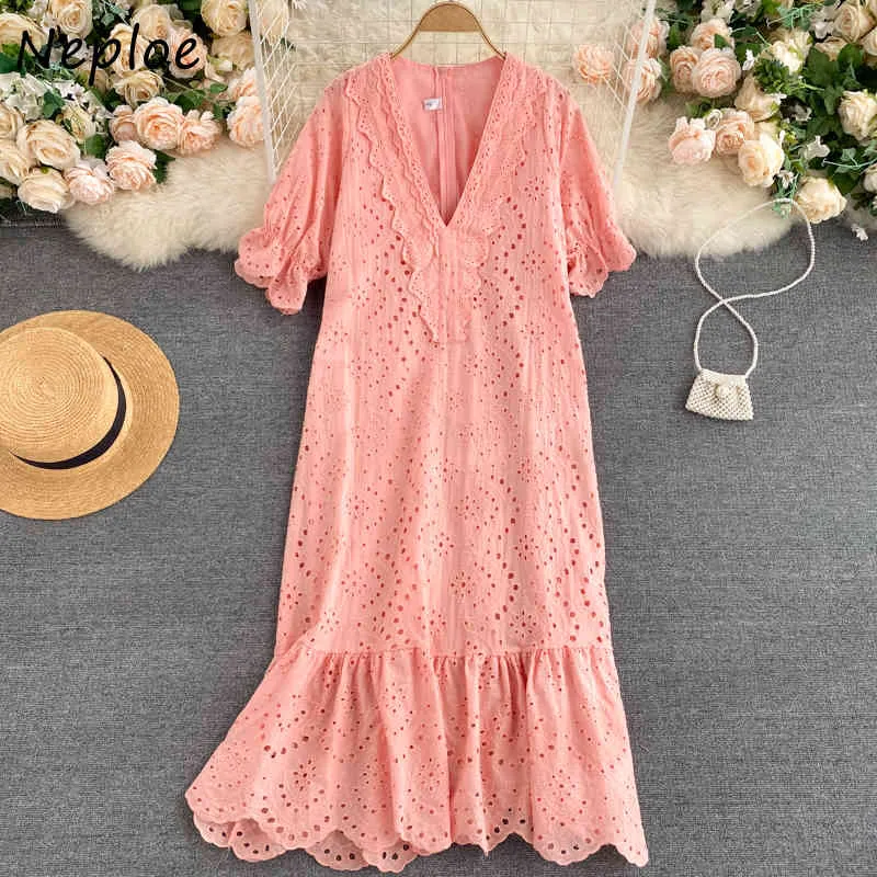 Neploe French Lace Hook Flower Temperament Dress Women High Waist Hip Mermaid Vestidos Solid V Neck Short Sleeve Robe Summer 210423