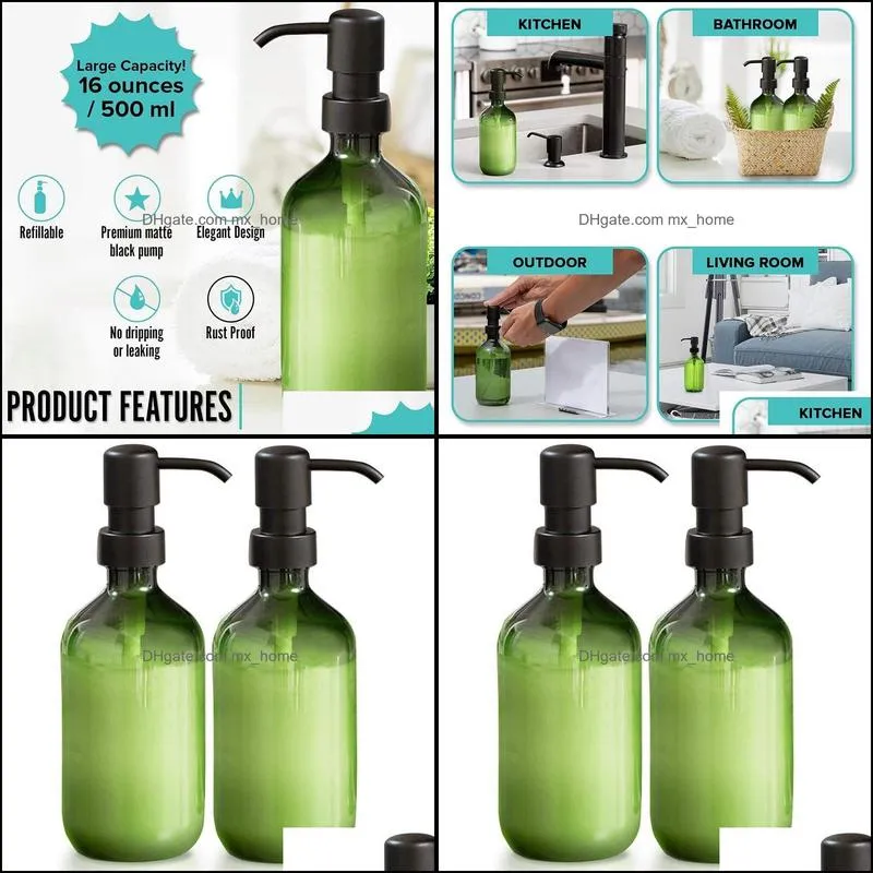 2 Pack Premium Green Multi-Purpose Refillable Plastic Soap Dispenser Pump Bottles Matte Black Dispenser (500Ml)