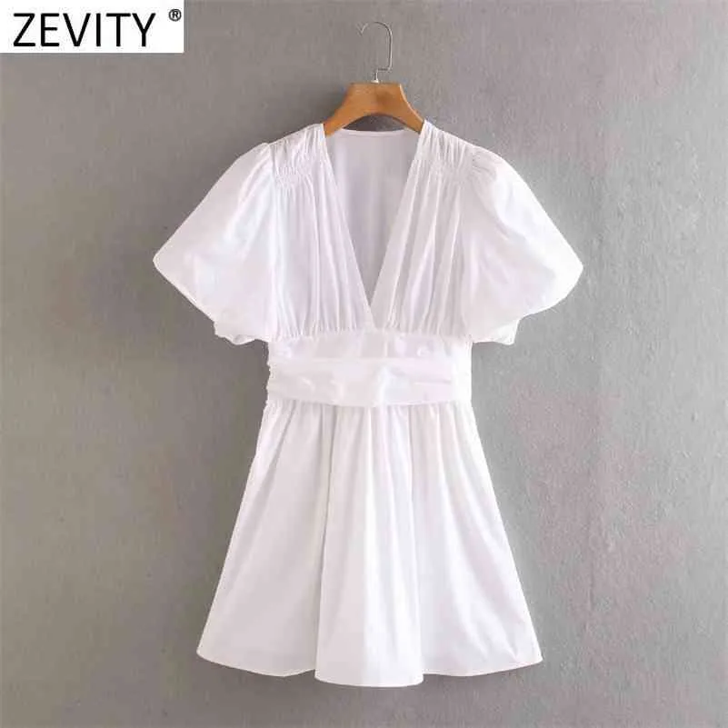 Frauen Mode Laterne Hülse Casual Slim Weiß Popeline A-linie Kleid Weibliche V-ausschnitt Plissee Chic Kimono Mini Vestidos DS8302 210416