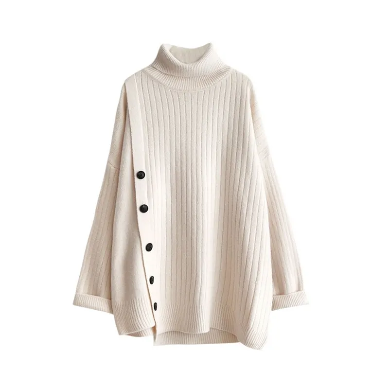 H.SA Femmes et pulls à col roulé haut en tricot irrégulier boutonné pull décontracté chic moche Noël 210417