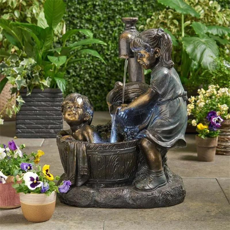 Jardim decorações menino menina com fireflies statue resina jar lunático jardim floral pátio escultura ao ar livre impermeável