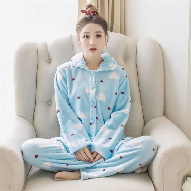 Herfst winter warm flanel vrouwen pyjama sets dikke koraal fluwelen lange mouw nachtkleding schattige flanellen pyjama set thuis doek meisje 211211