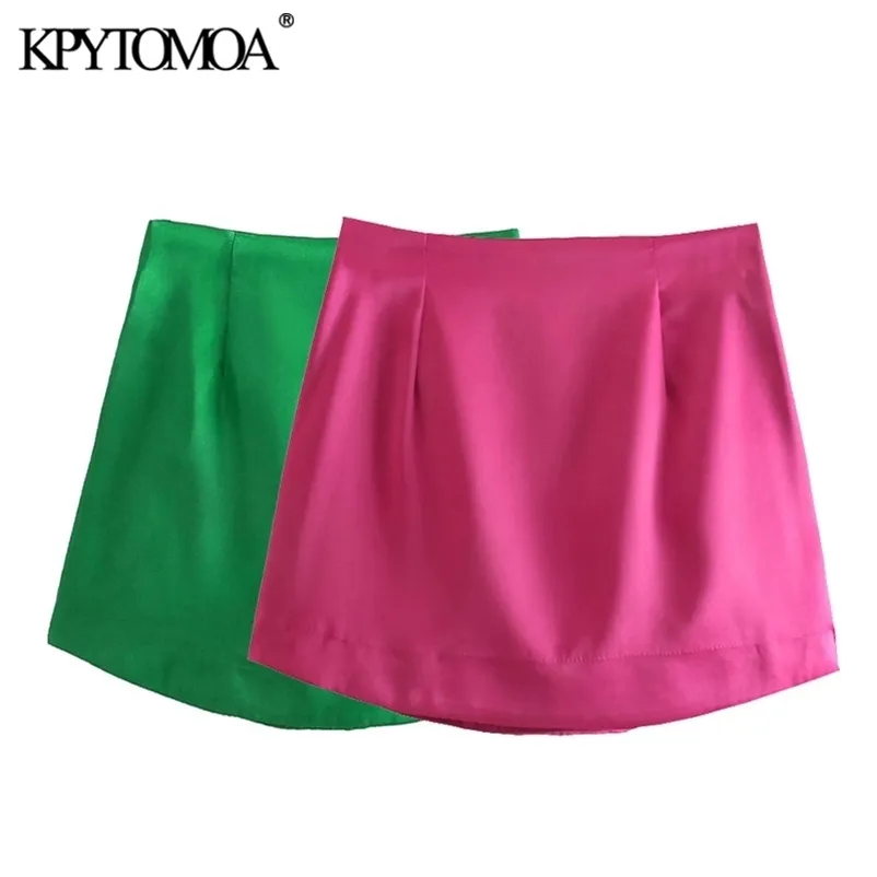 KPYTOMOA Femmes 202 Chic Mode Soft Touch Brillant Mini Jupe Vintage Taille Haute Fermeture À Glissière Latérale Jupes Femelles Mujer 210621