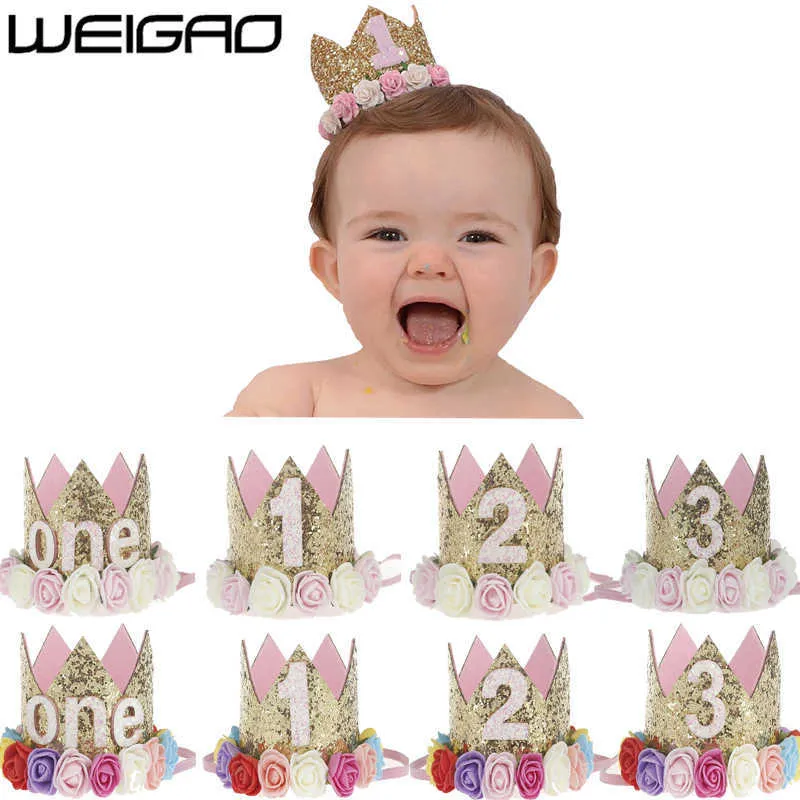 Weigao 1 pièces 1 2 3 anniversaire casquettes fleur couronne 1er chapeau nouveau-né bébé bandeau 1 an fête décorations