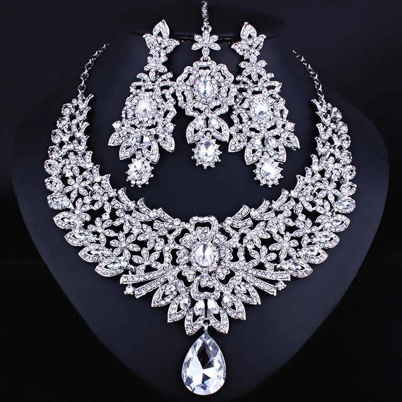 FARLENA Jewelry Clear Crystal Rhinestones Chandelier Necklace Earrings Frontal chain Romantic Indian Bridal Jewelry sets H1022