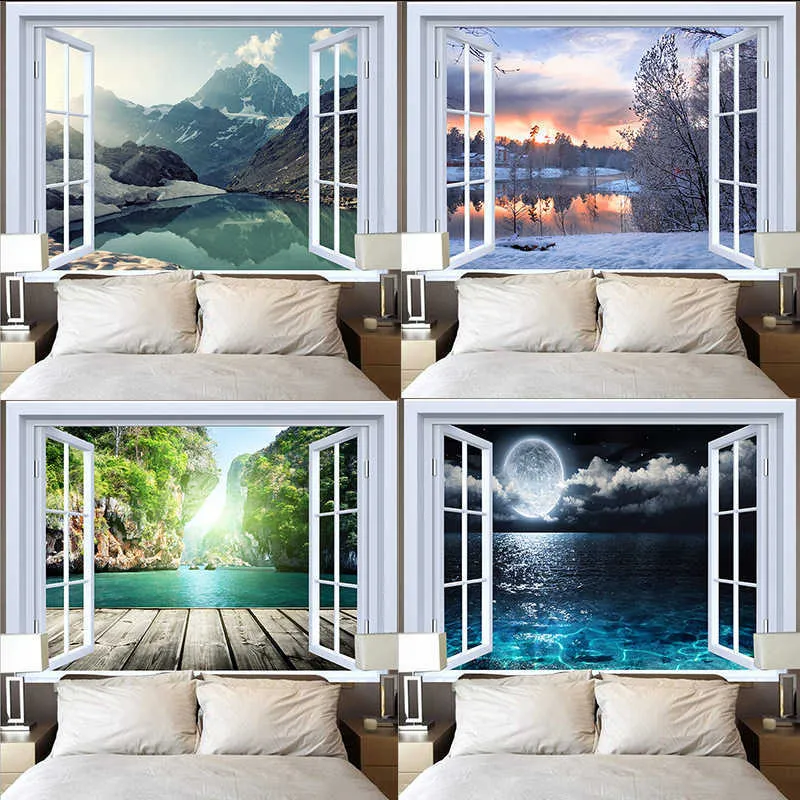 View from the window Tapestry wall fabric scenery hanging cloth deco living room home background mural covers bed tap14 210609