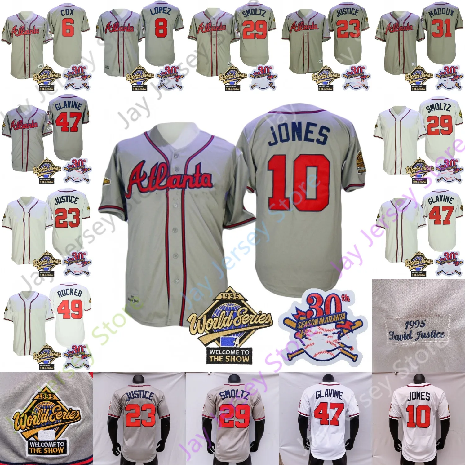 1995 월드 시리즈 저지 빈티지 Bobby Cox Javy Lopez Chipper Jones David Justice John Smoltz Tom Glavine John Rocker Maddux 화이트 그레이 사이즈 S-3XL