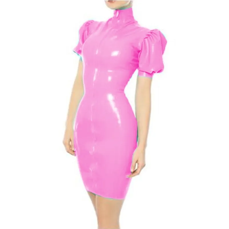 Plus La Taille Sexy Col Haut PVC Mini Robe Femmes À Manches Courtes Bouffantes Robe Moulante De Mode Maigre Robe Wet Look Party Clubwear 210331