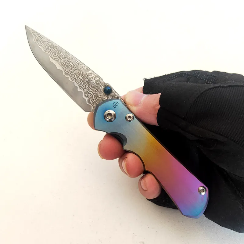 제한된 사용자 정의 버전 Chris Reeve Knives Inkosi 다채로운 TC4 티타늄 핸들 다마스커스 접는 나이프 완벽한 주머니 EDC 야외 전술 캠핑 사냥 도구