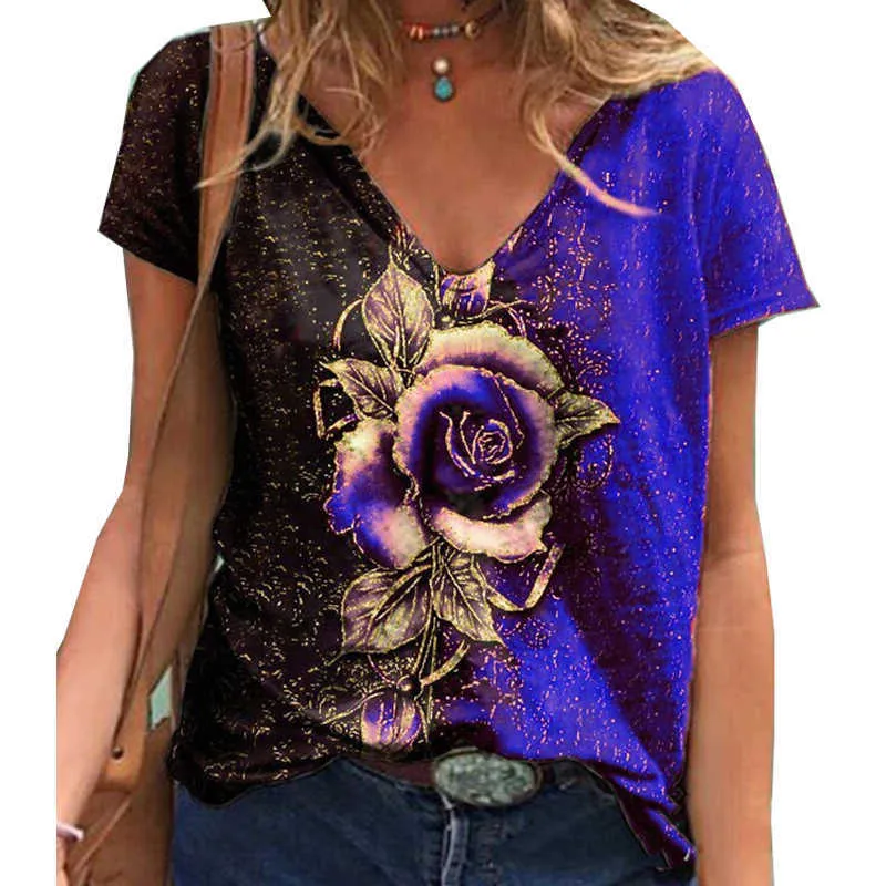 Летние повседневные V-образные шеи многоцветные розы с коротким рукавом свободная футболка женщины мода стритюра пуловер футболка женская S-5XL 210526